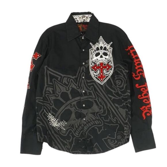 Rebel Spirit Embroidered Skull Rose Long Sleeve Button Down - Small - Picture 1 of 3